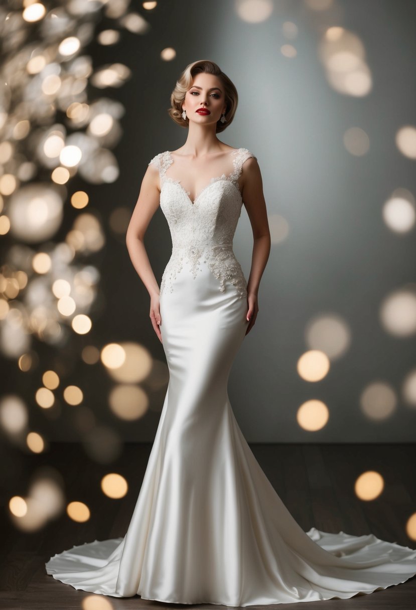 A woman in a 1950s style silk mermaid wedding dress, with a fitted bodice and flowing skirt, adorned with intricate lace and delicate beadwork