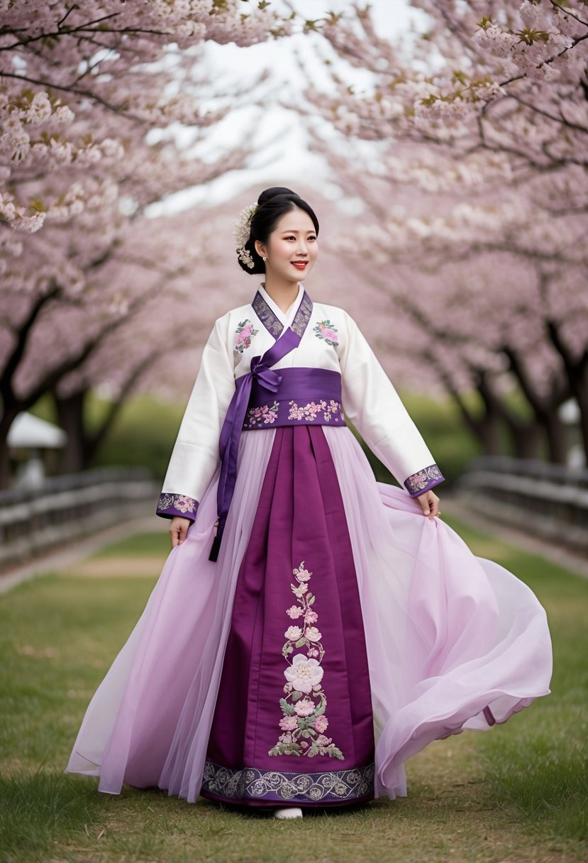 A flowing purple hanbok with intricate embroidery, surrounded by cherry blossoms and traditional Korean wedding accessories