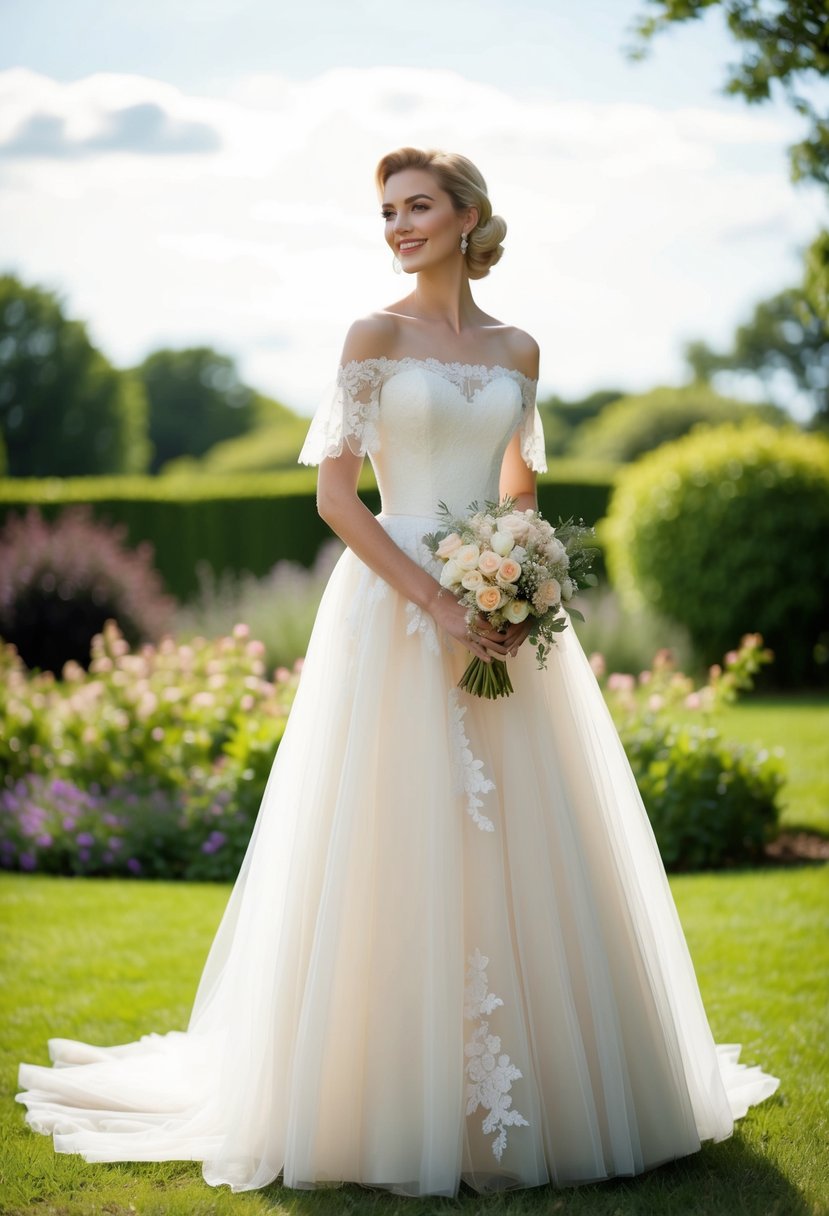 A bride stands in a garden, wearing a flowing off-shoulder tulle wedding dress with a 1950s style. The dress is adorned with delicate lace and the bride holds a bouquet of flowers