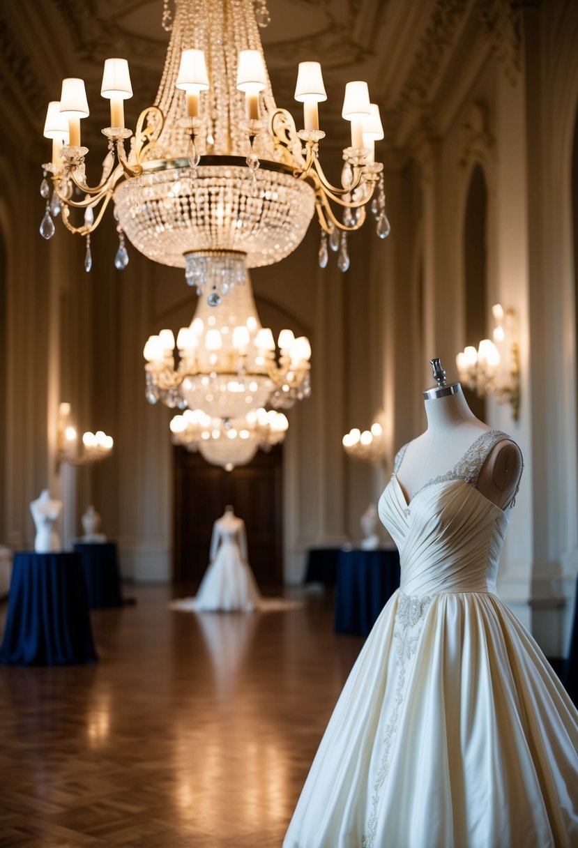 A grand ballroom with ornate chandeliers and a vintage 1950s style wedding dress displayed on a mannequin