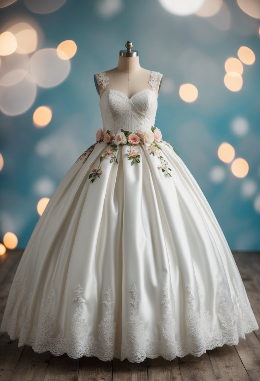 A fairytale wedding dress with a full skirt, lace details, and a sweetheart neckline, adorned with floral appliques and a satin sash