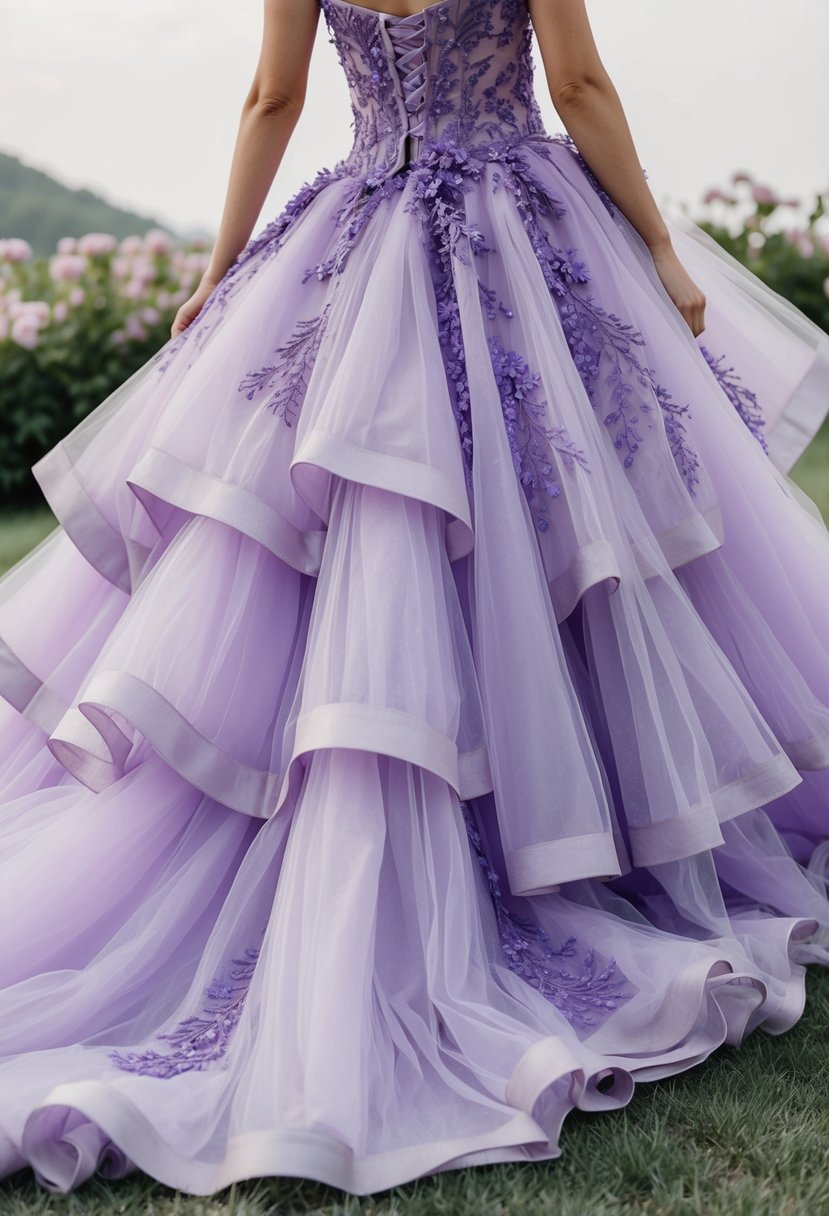 A lilac tulle wedding dress cascading in layers, adorned with purple Korean-inspired embroidery and delicate floral details