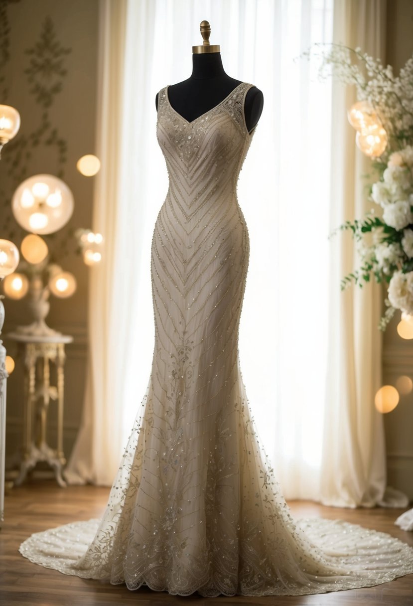 A radiant beaded sheath gown from the 1950s, with delicate lace and a fitted silhouette, set against a vintage backdrop of soft lighting and elegant decor