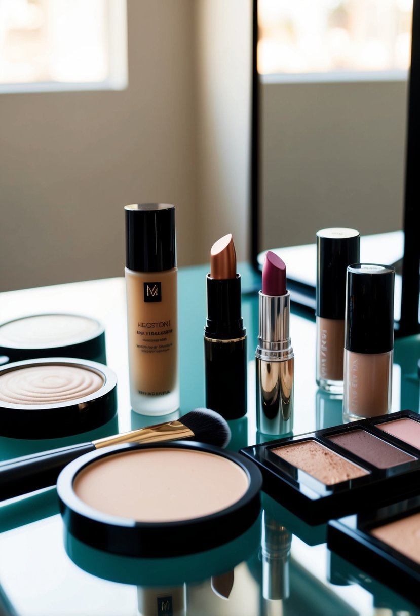 A table with various makeup products and tools, including foundation, eyeshadow, lipstick, and brushes. A mirror reflects the setup