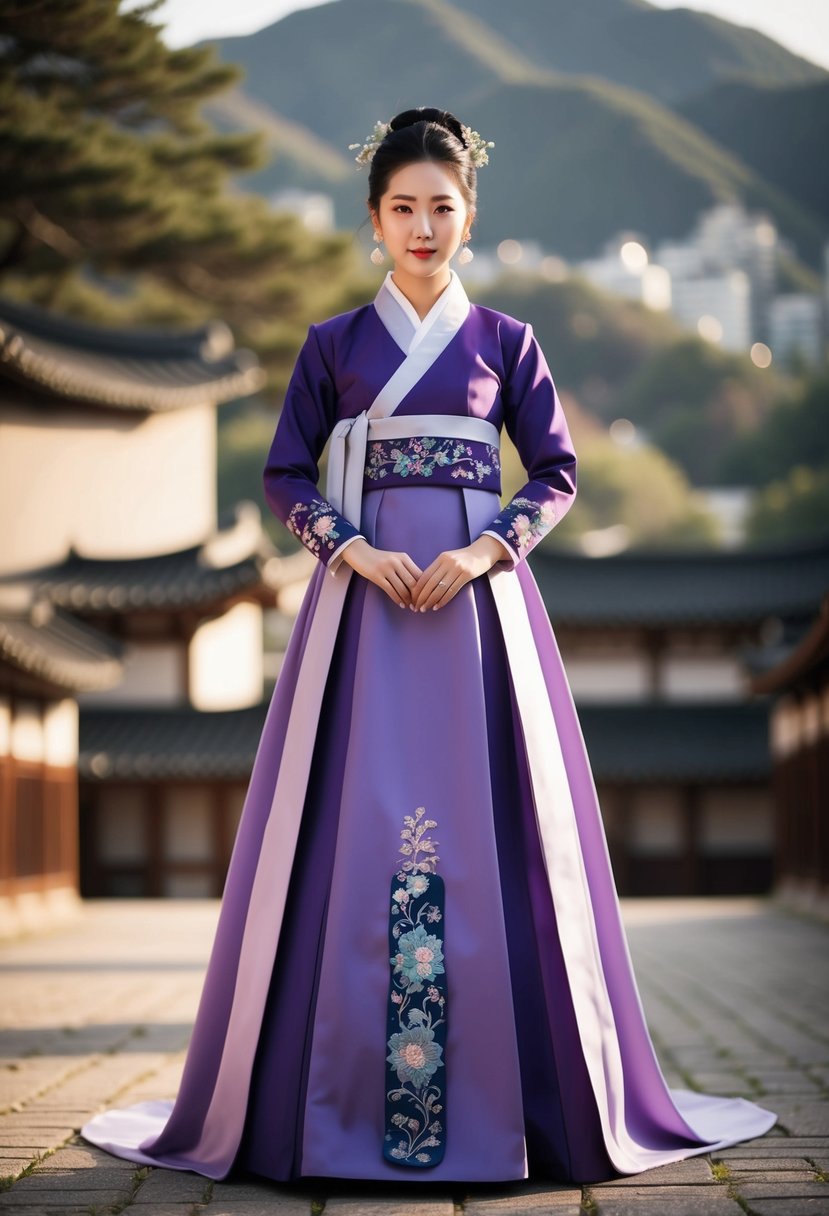 A modern purple Korean wedding dress with hanbok-inspired details, featuring a sleek silhouette and traditional embroidery