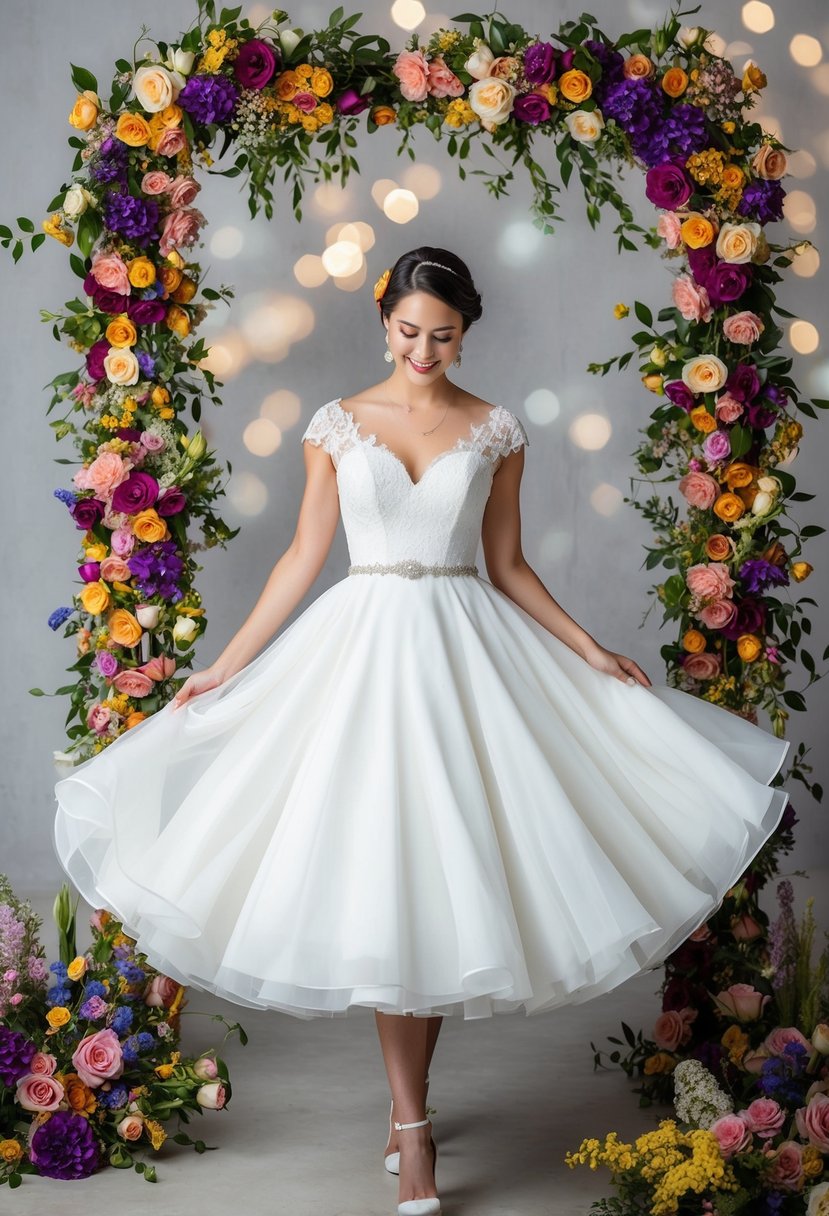 A bride twirls in a tea-length dress, surrounded by colorful flowers and vintage decor