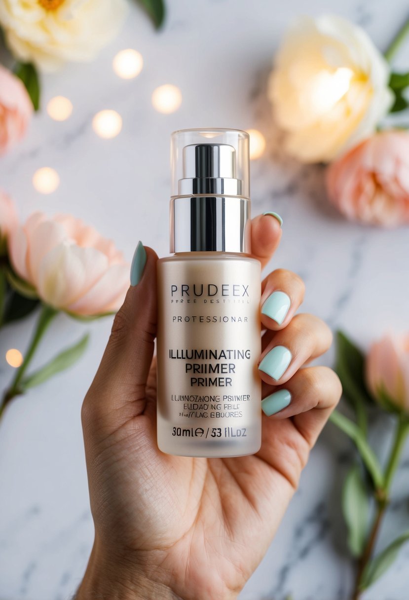 A hand holding a bottle of illuminating primer, surrounded by soft lighting and floral accents