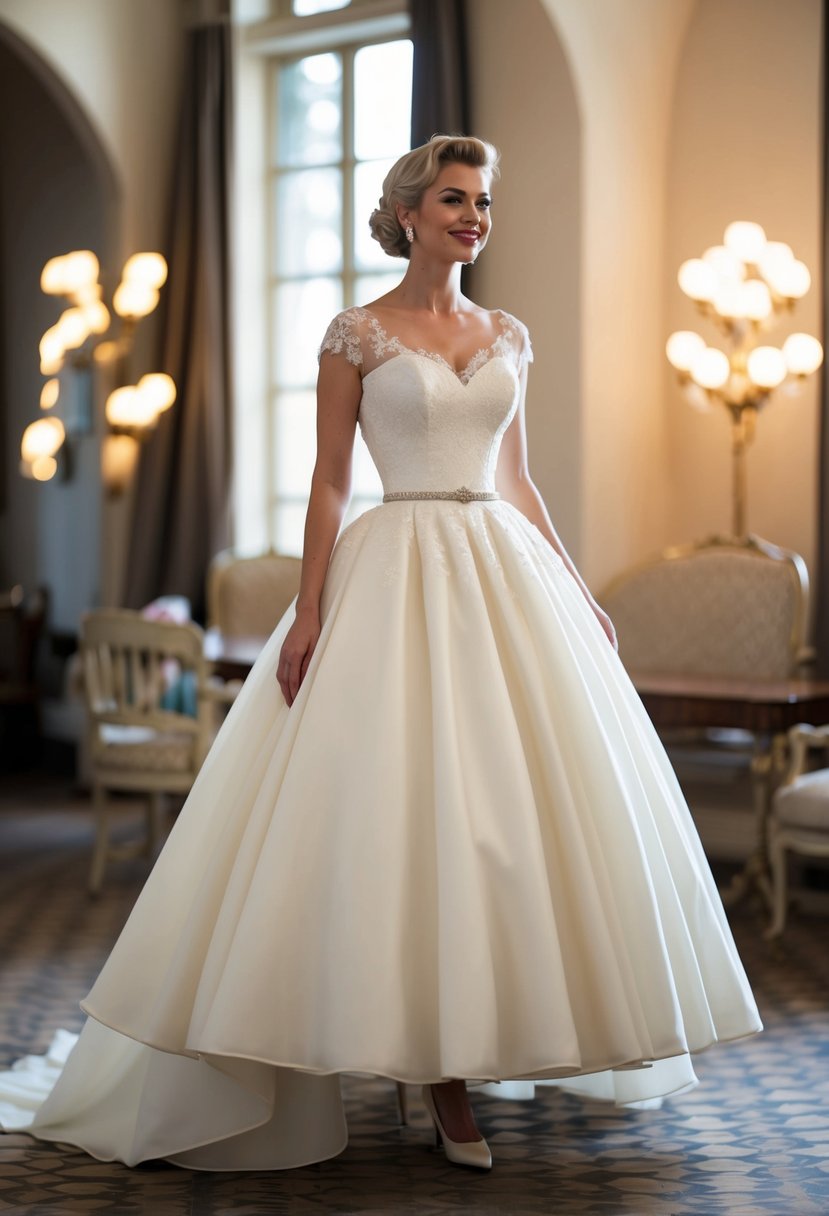 A bride in a 1950s drop-waist wedding dress, with a full skirt and delicate lace or beaded details, standing in a vintage-inspired setting