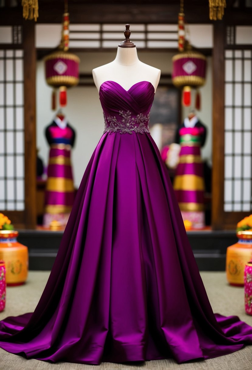 A deep purple gown draped over a mannequin, surrounded by traditional Korean wedding decor