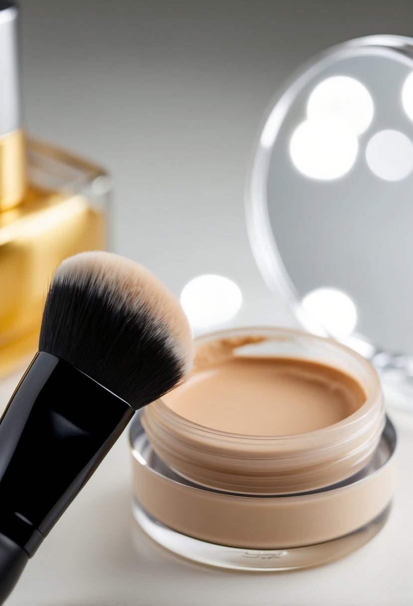 A makeup brush applies a thin layer of lightweight foundation for a natural finish on a clean, unblemished canvas