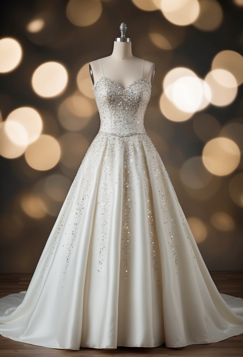 A 1950s style wedding dress adorned with shimmering sequin embellishments, cascading down the full skirt and accentuating the fitted bodice