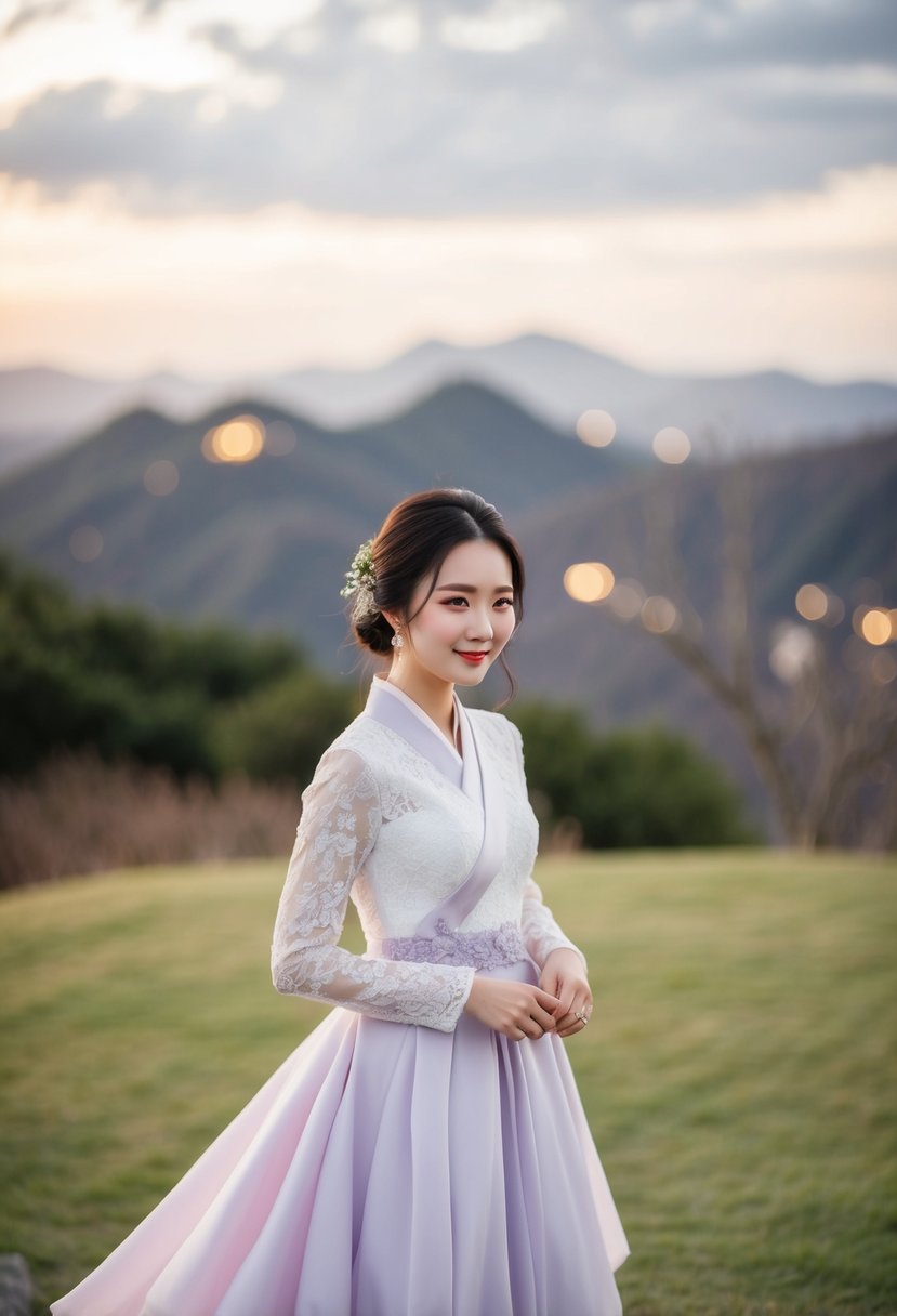 A light purple lace detailing on a flowing Korean wedding dress