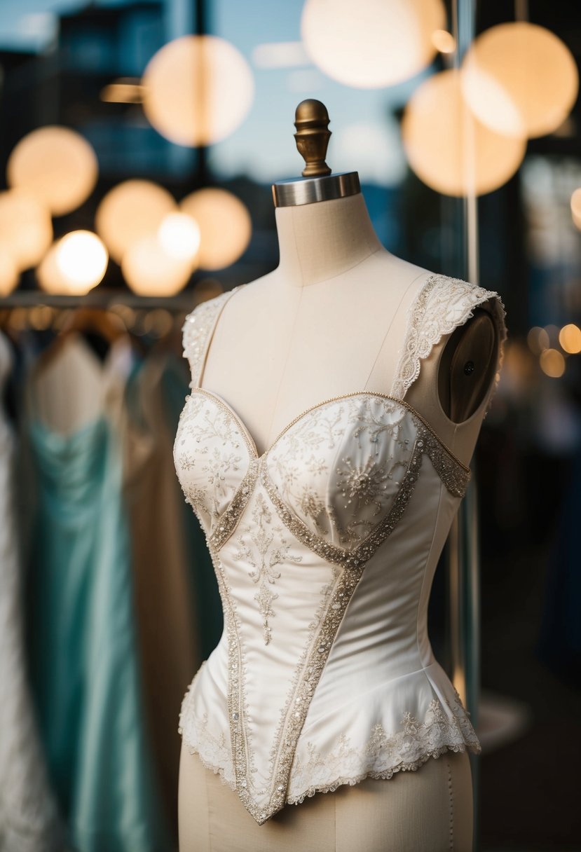 A vintage-inspired wedding dress displayed on a mannequin, with a sweetheart neckline and a fitted bodice, adorned with delicate lace and intricate beading