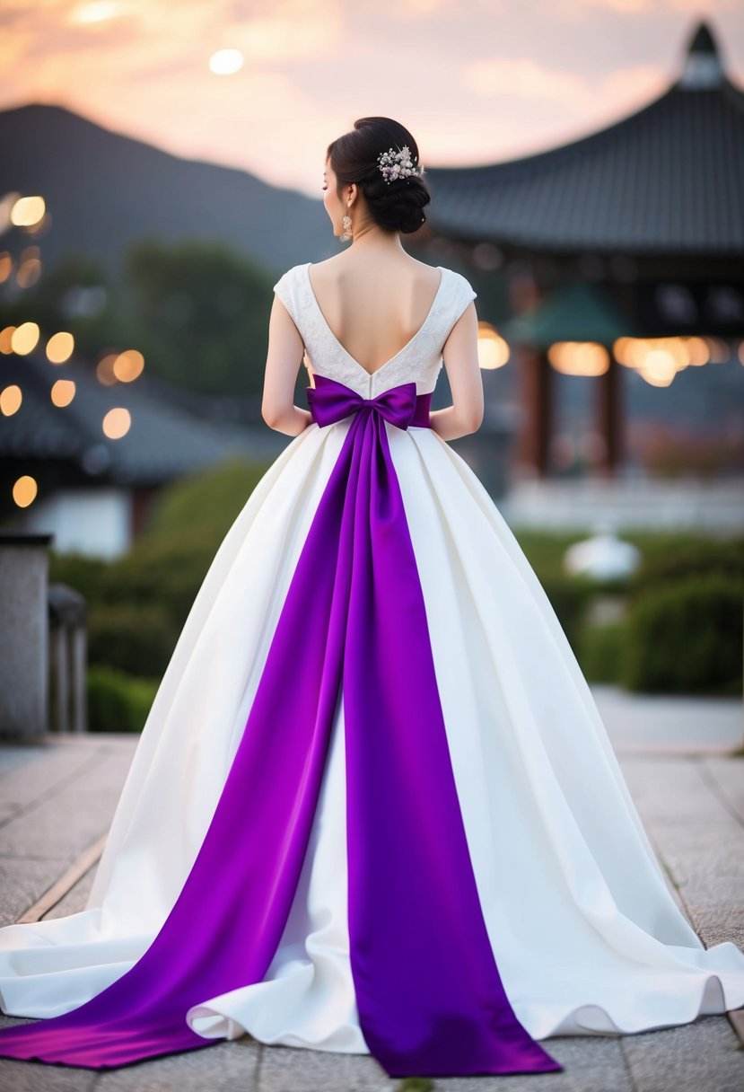 A purple satin sash drapes over a flowing Korean wedding dress