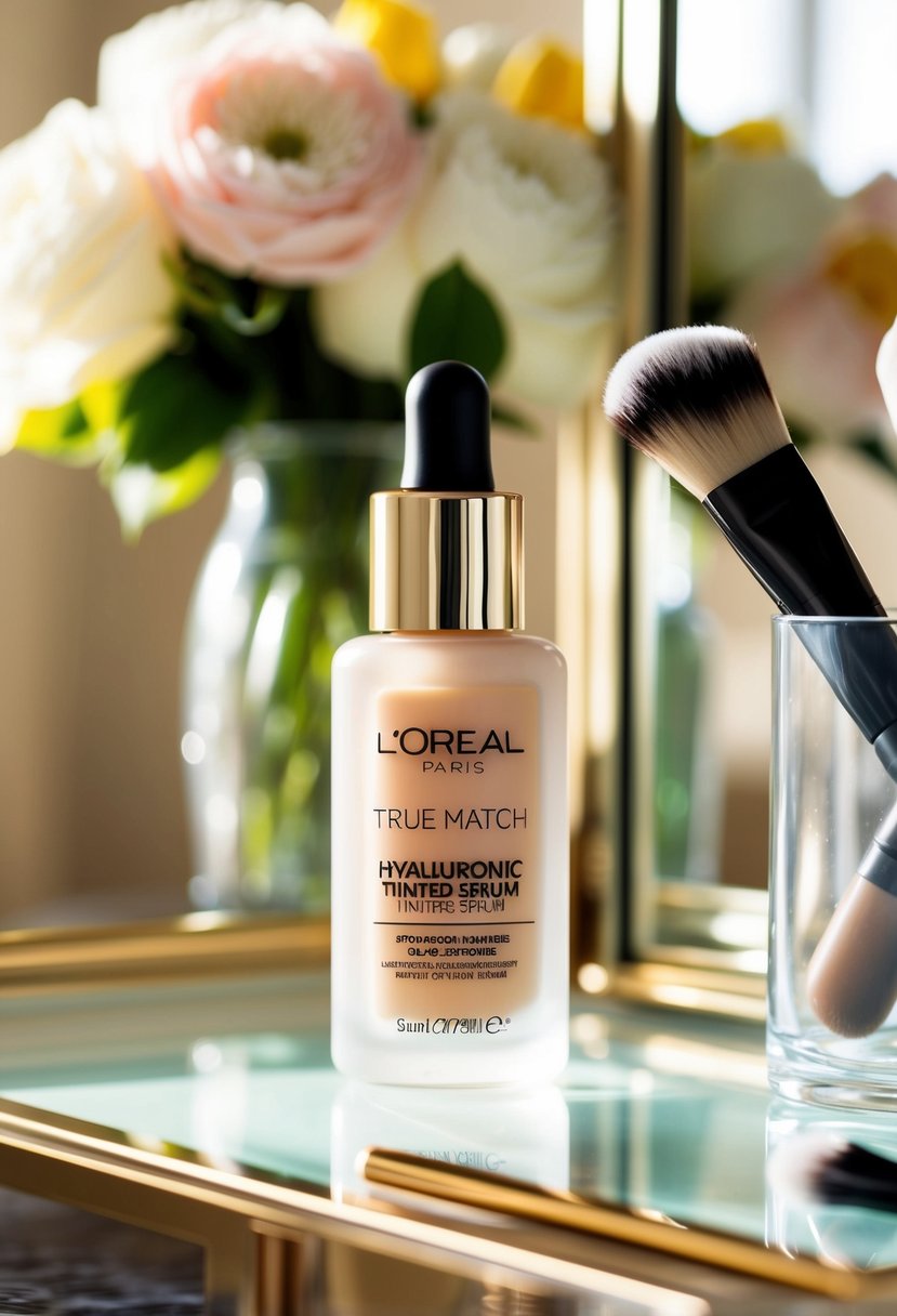 A sunlit vanity with a bottle of L'Oréal Paris True Match Hyaluronic Tinted Serum and a makeup brush, ready for a wedding guest's beauty routine