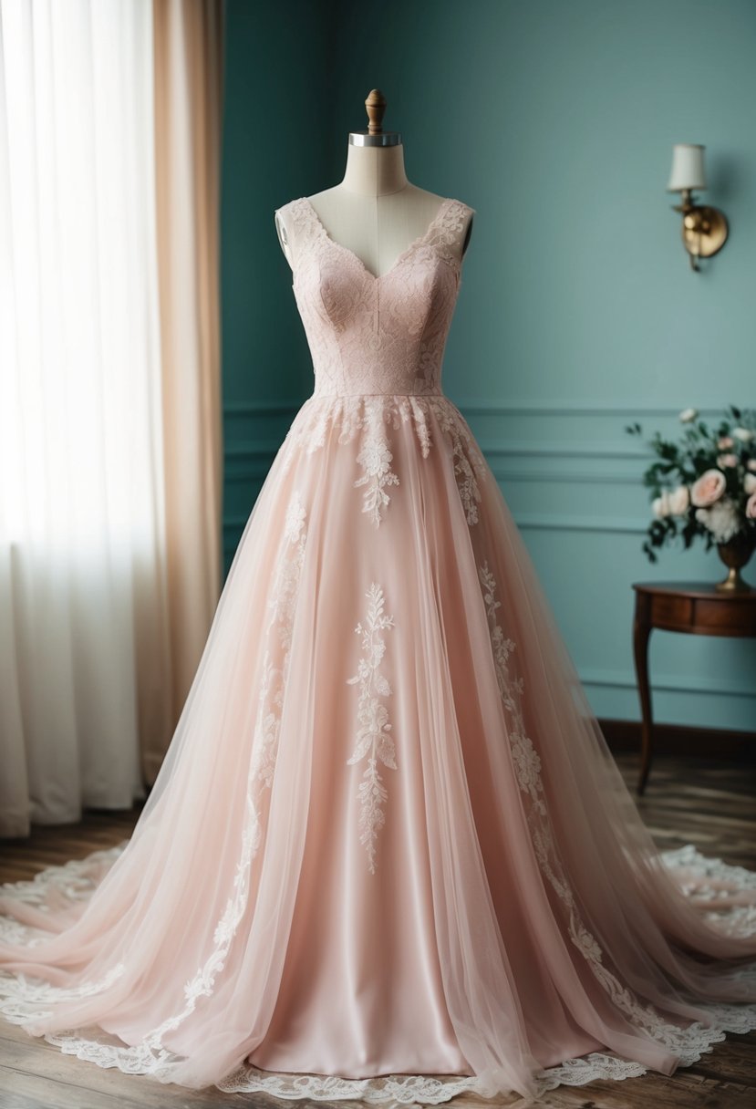 A 1950s style wedding dress in delicate blush pink hues, adorned with lace and tulle, flowing gracefully in a vintage-inspired setting