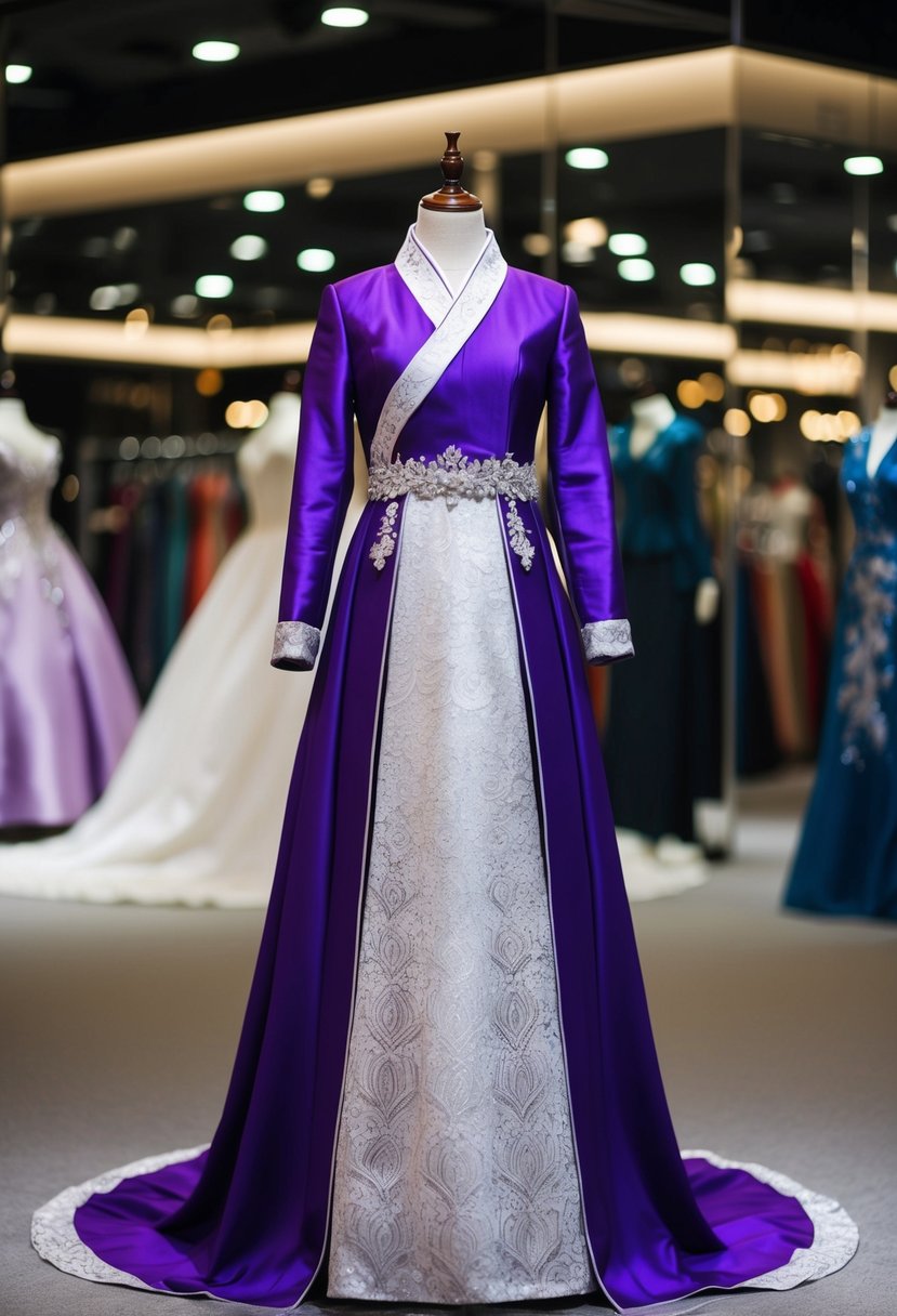 A regal purple and silver Korean wedding dress displayed on a mannequin