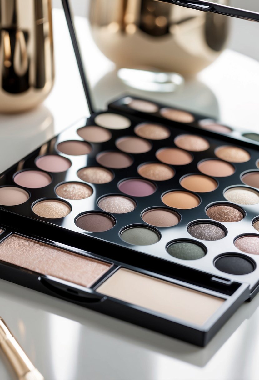 A palette of soft, muted eyeshadow shades arranged on a clean, elegant surface