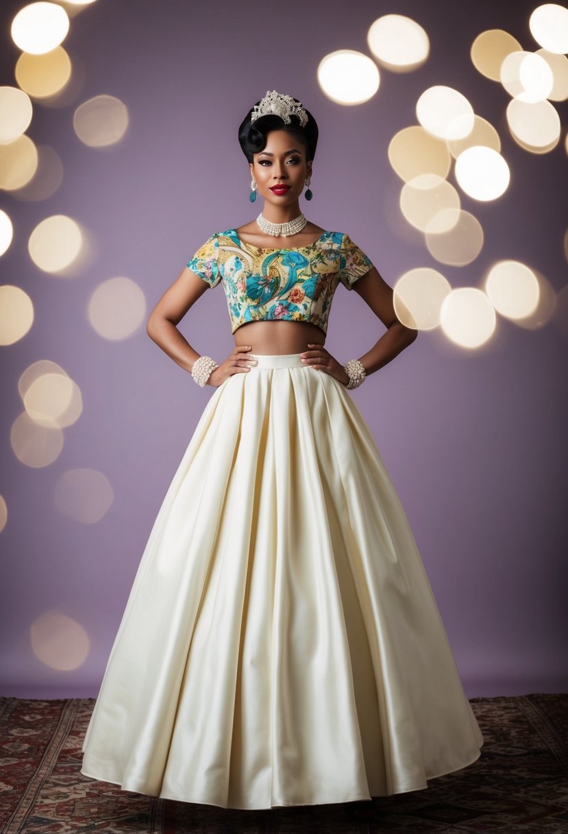 A vintage 1950s style wedding dress with a mix-and-match of eclectic separates, including a full skirt, cropped top, and statement accessories