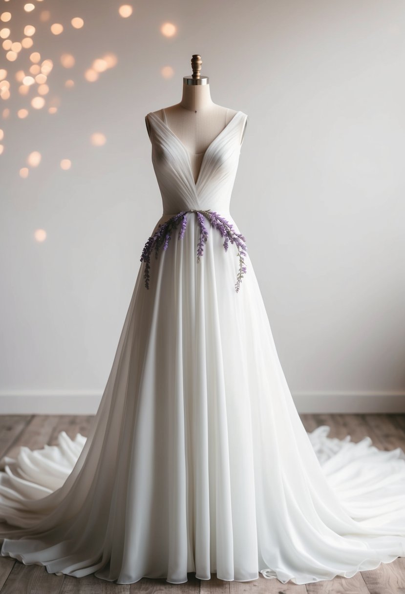 A flowing white wedding dress adorned with delicate lavender accents