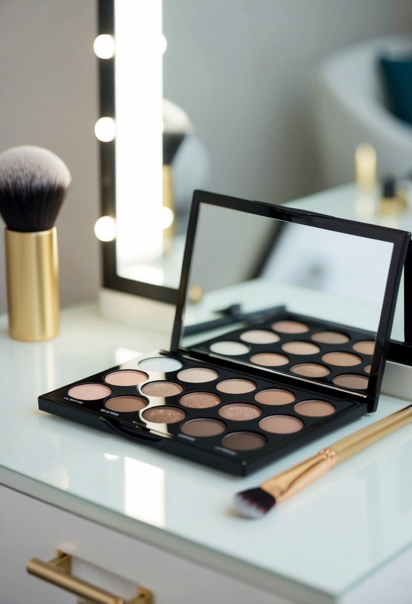 A palette of neutral eyeshadows, a blending brush, and a mirror on a clean, well-lit vanity