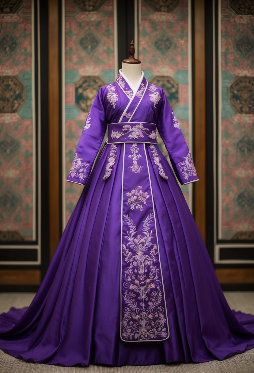 A flowing purple Korean wedding dress adorned with intricate purple embroidery, set against a backdrop of traditional Korean patterns and motifs