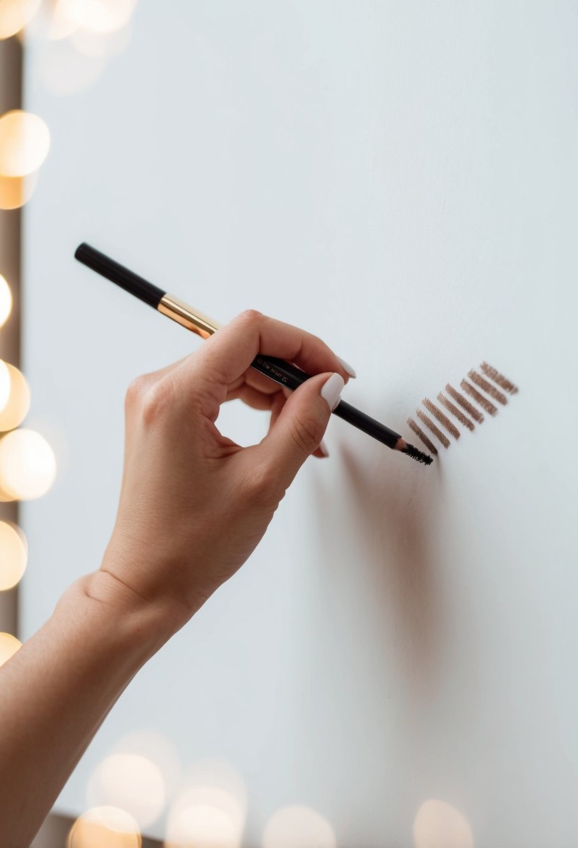 A hand holding a natural brow pencil, drawing delicate strokes on a blank canvas