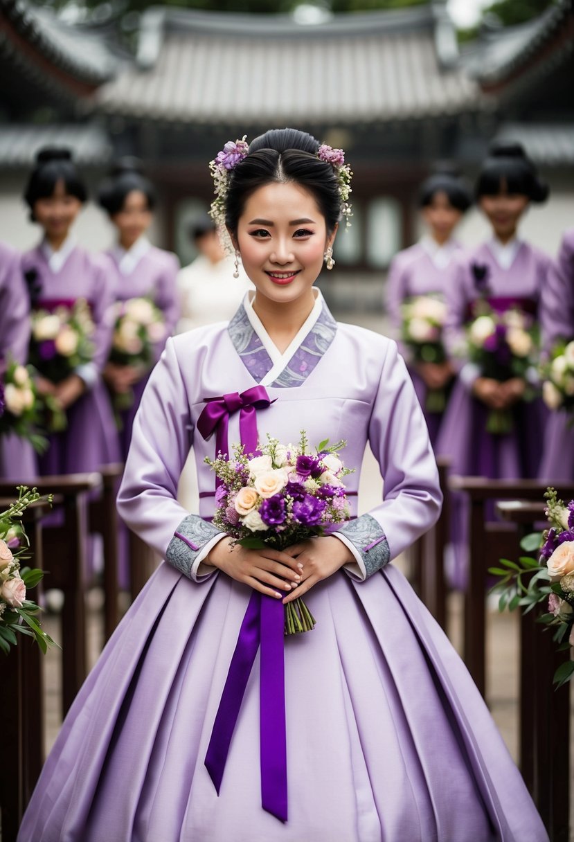 A purple Korean wedding dress adorned with matching flower accessories