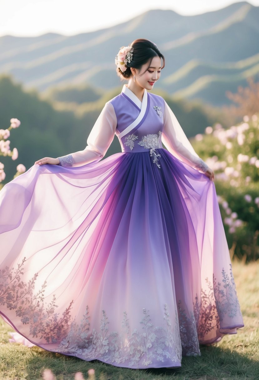 A flowing purple Korean wedding dress with gradient hues, adorned with delicate floral patterns and intricate embroidery