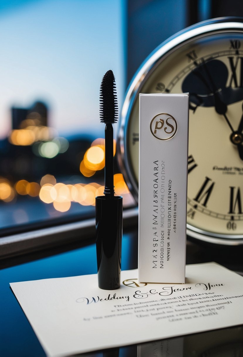 A mascara tube standing next to a wedding invitation and a clock showing late evening