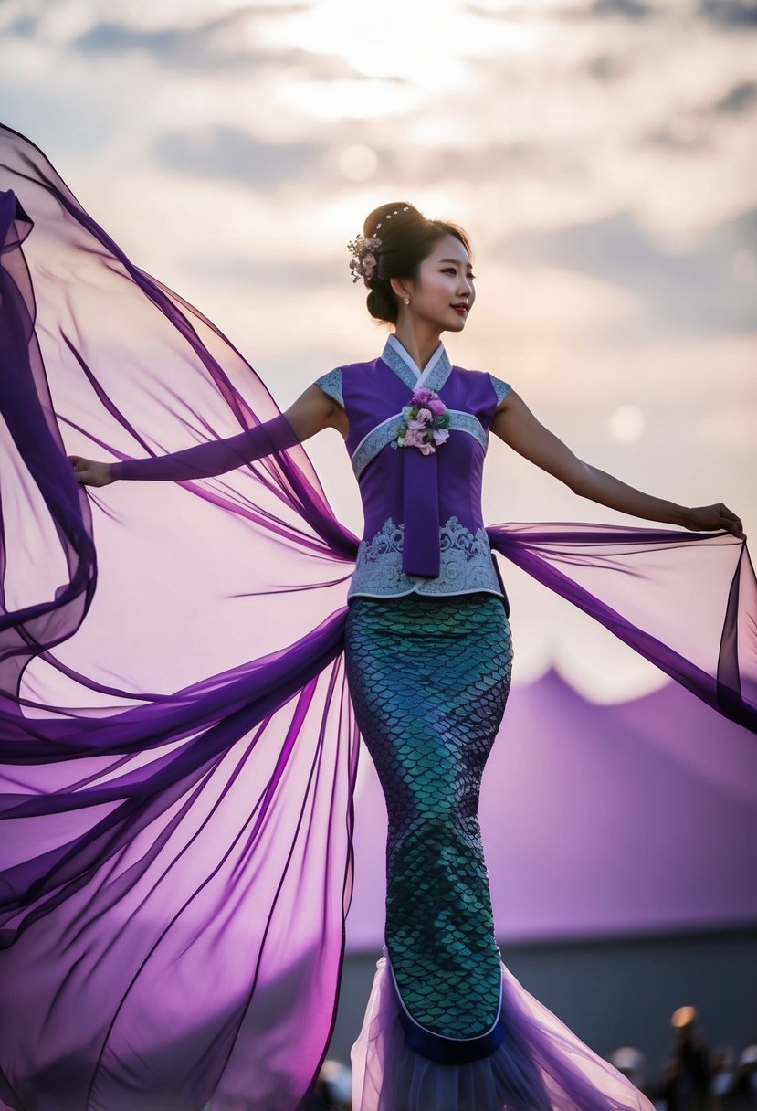 A purple mermaid silhouette in a traditional Korean wedding dress with intricate patterns and flowing fabric