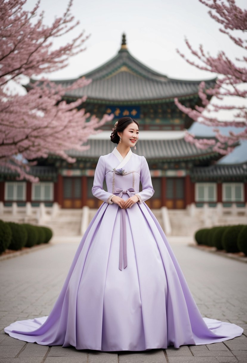 A lavender Korean wedding dress with vintage-inspired details, set against a backdrop of traditional Korean architecture and cherry blossom trees