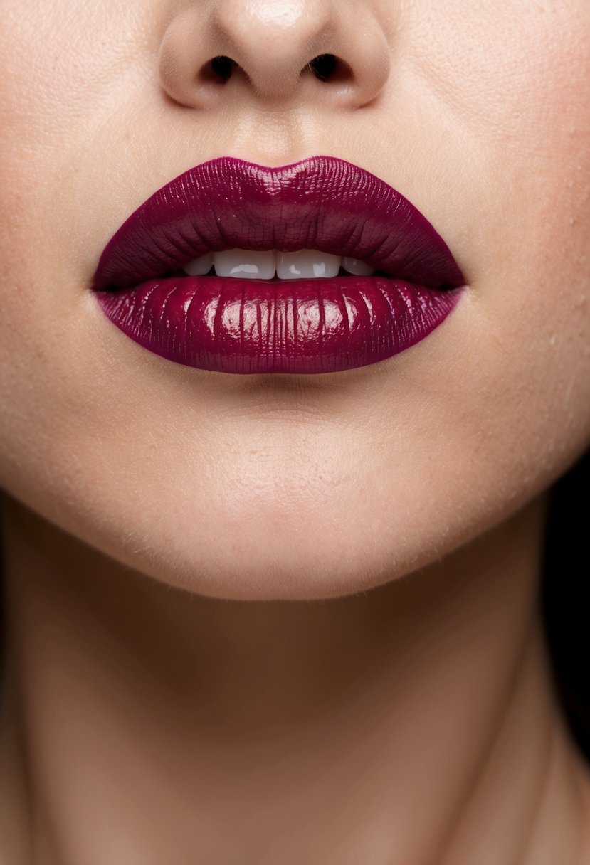 A close-up of a pair of lips with a berry-toned lipstick, adding a pop of color to the overall look