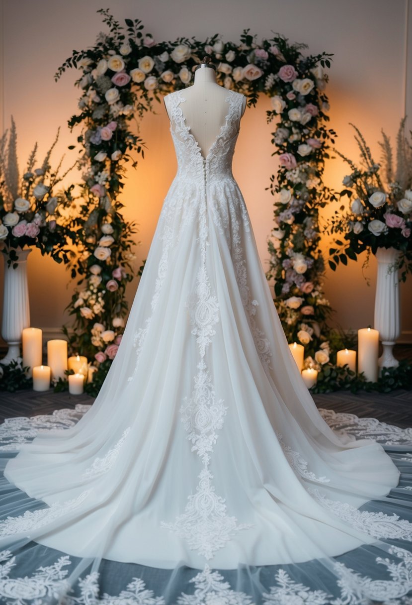 A flowing, floor-length gown with intricate lace detailing and a dramatic train, set against a backdrop of elegant floral arrangements and soft candlelight