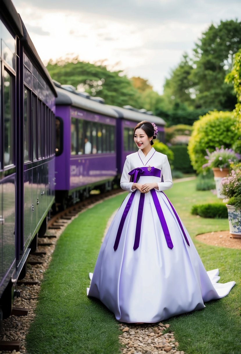 A purple train winds through a garden, showcasing a Korean wedding dress adorned with purple accents