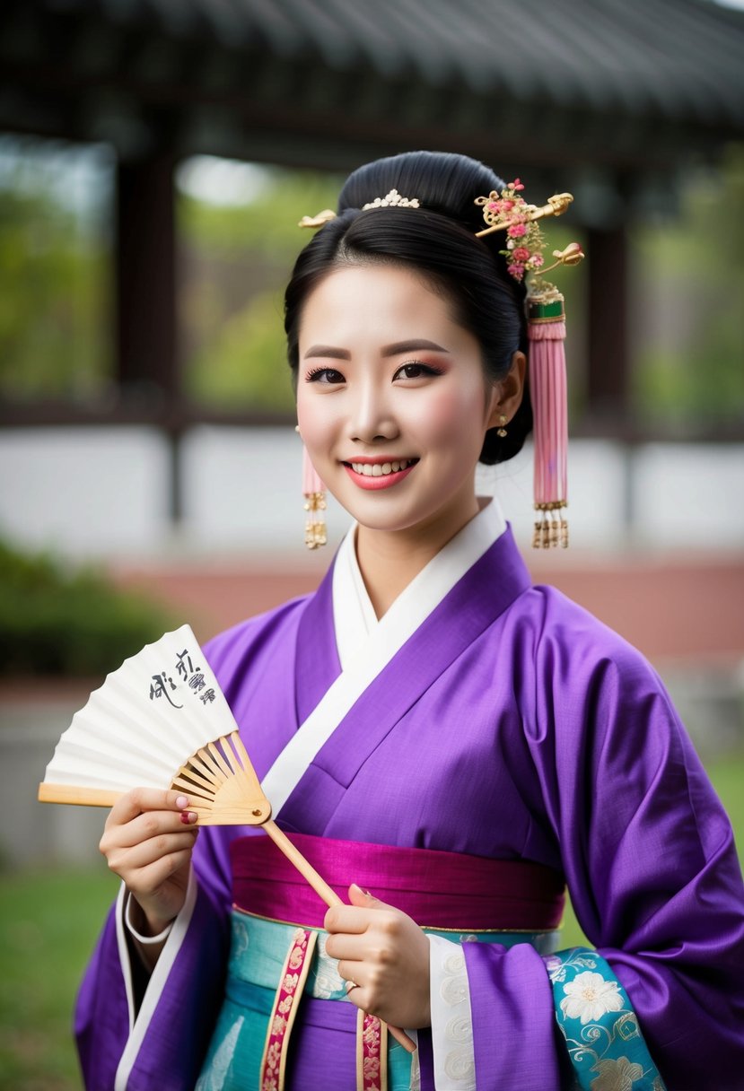 A traditional Korean wedding dress in purple, paired with traditional accessories like a silk fan and ornate hairpins