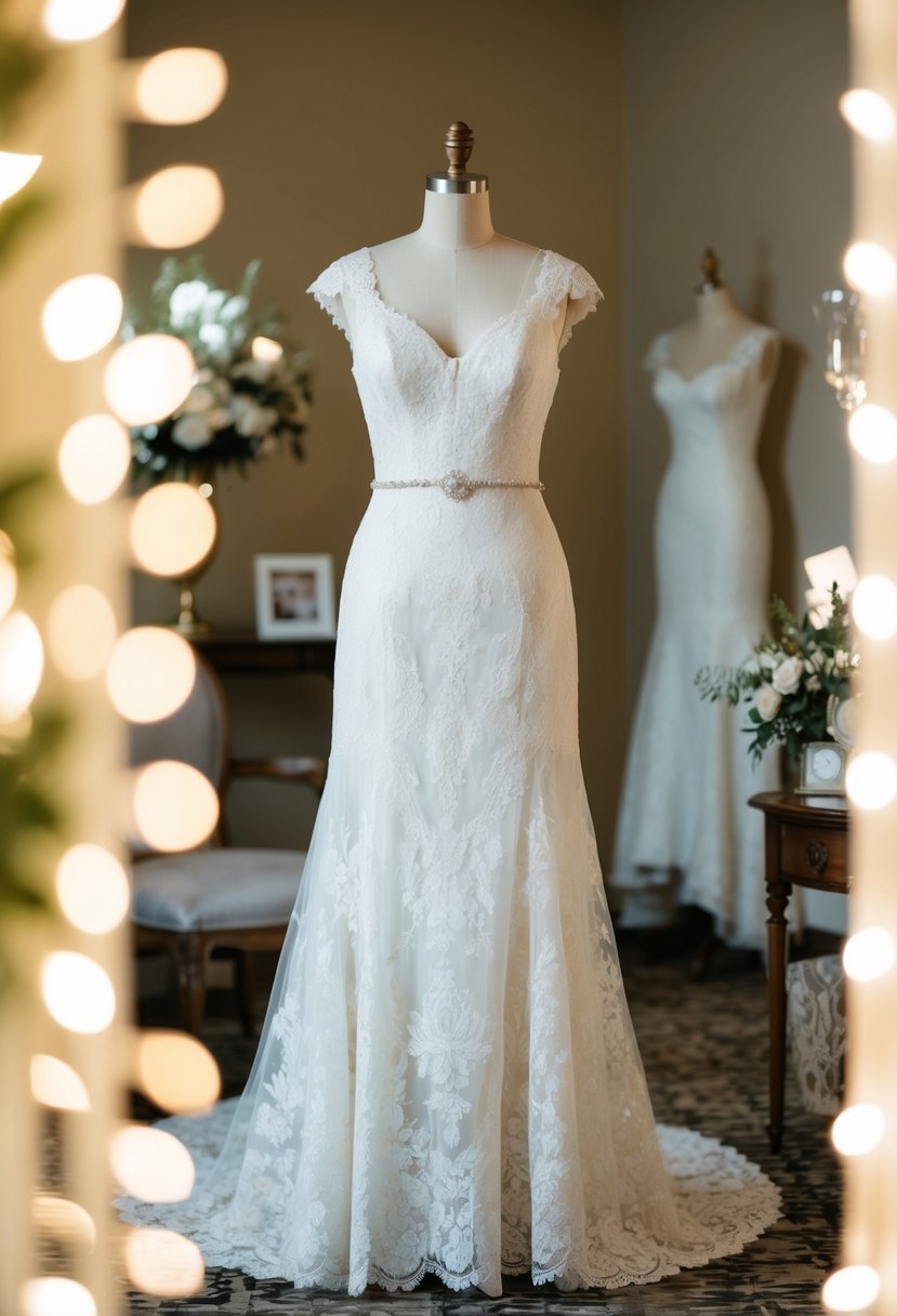 A vintage lace wedding dress displayed on a mannequin, surrounded by elegant accessories and soft lighting