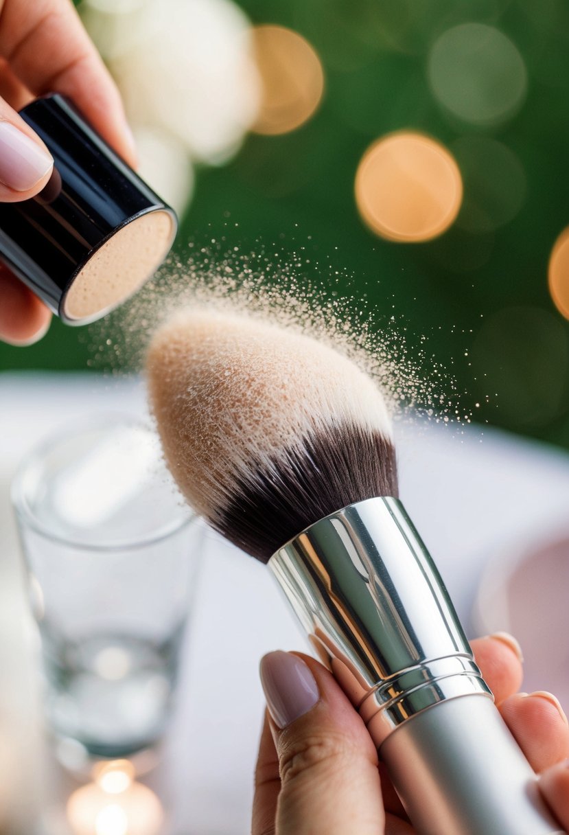 A makeup brush dusts translucent powder over a finished wedding guest's makeup