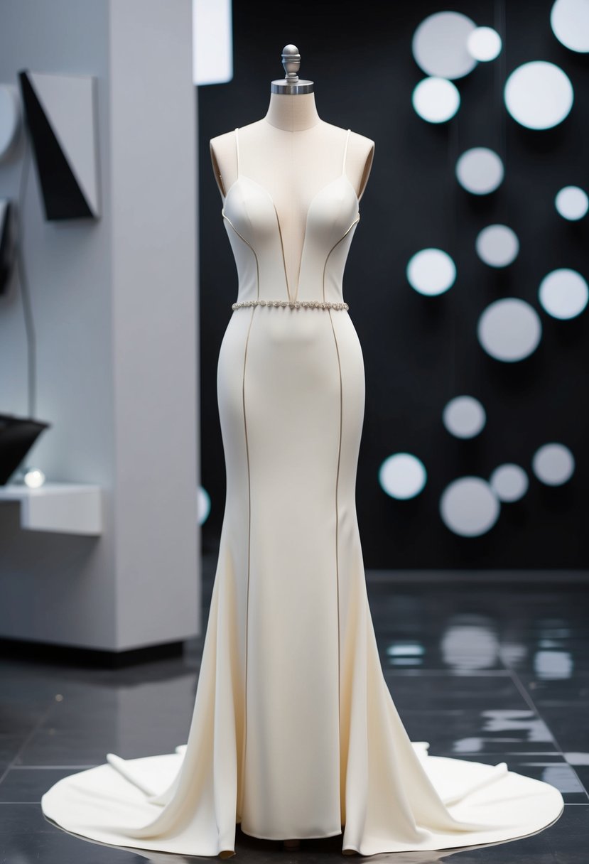 A sleek, ivory gown with clean lines and subtle details, set against a backdrop of modern, monochromatic decor