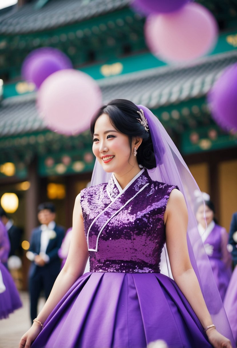 A purple Korean wedding dress adorned with personalized purple sequins