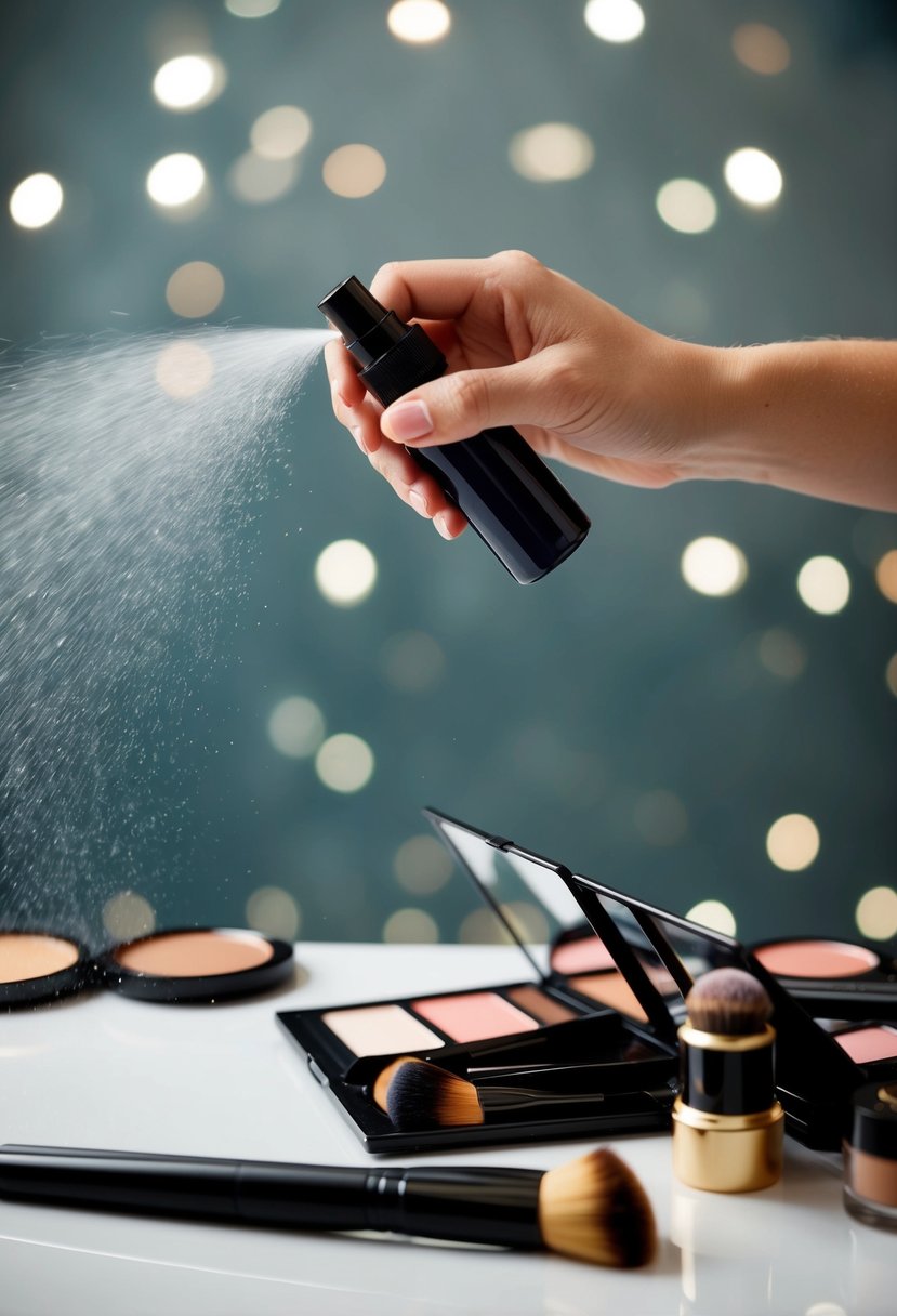 A hand sprays a mist over a makeup palette and brushes