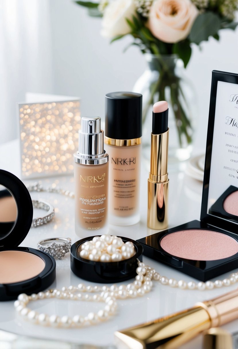 A table set with various makeup products, including pearl-infused foundation, highlighter, and blush. Sparkling jewelry and a wedding invitation nearby