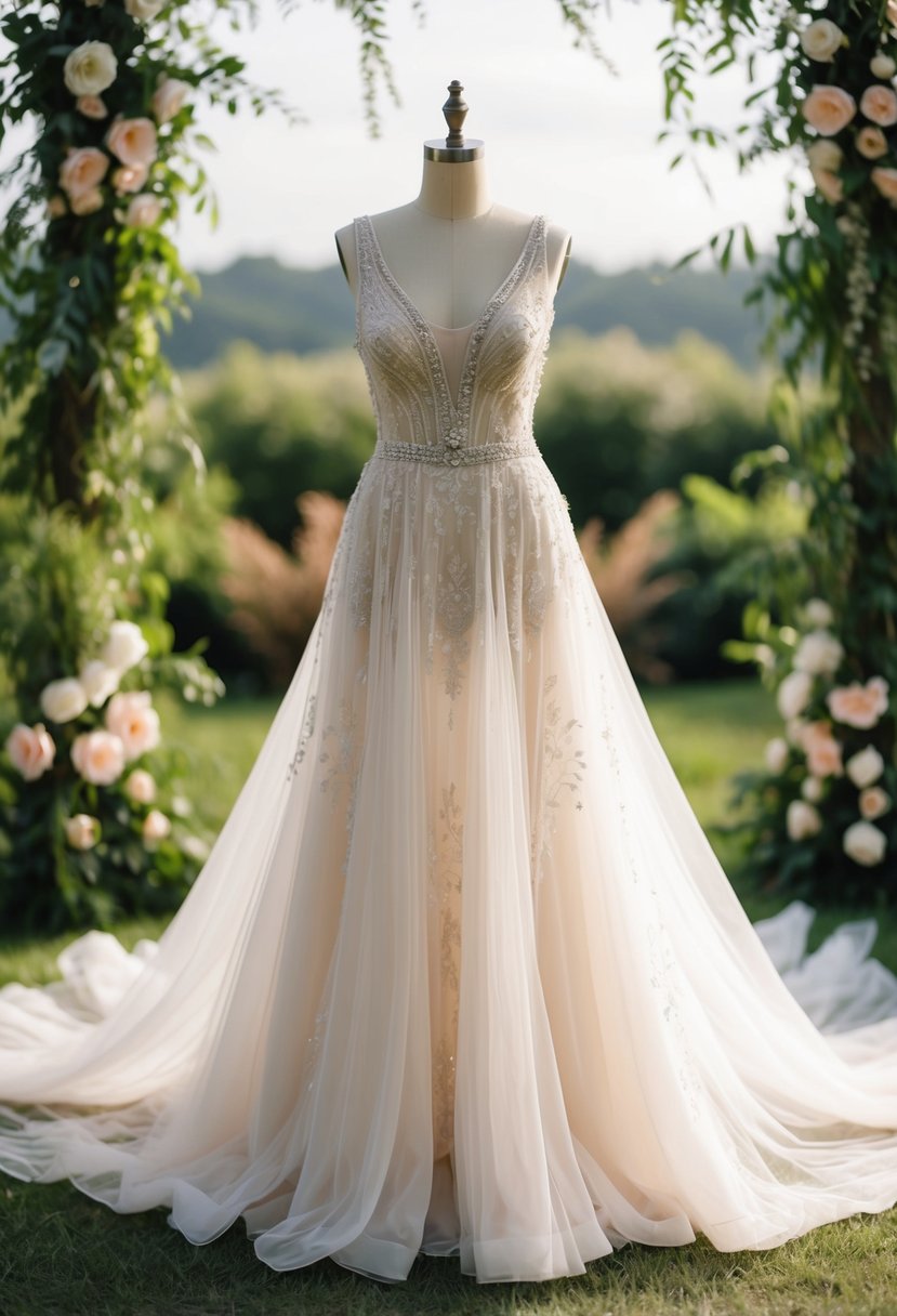 A flowing, ethereal wedding dress adorned with delicate lace and intricate beadwork, set against a backdrop of lush, bohemian-inspired greenery and flowers