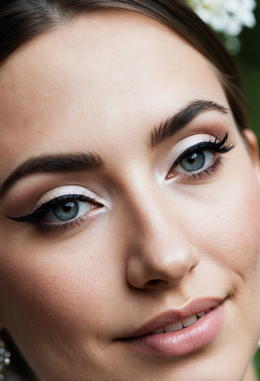 Softly lined eyes with subtle winged eyeliner, complementing a wedding guest's elegant makeup look