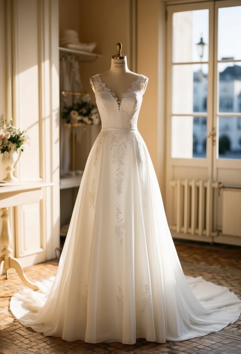 An elegant A-line wedding dress displayed on a vintage mannequin in a sunlit atelier. Lace details and a flowing silhouette exude timeless sophistication