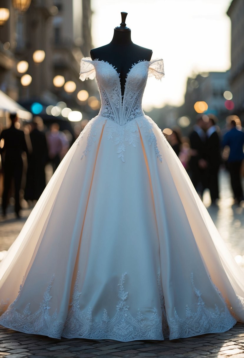 A sleek, off-the-shoulder ball gown with a fitted bodice and a full, flowing skirt, adorned with delicate lace and shimmering beadwork