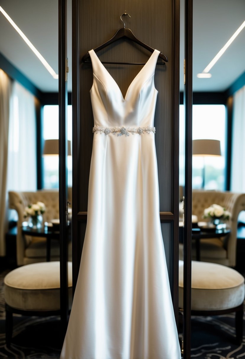 A sleek, satin wedding dress hanging in a luxurious, elegant dressing room