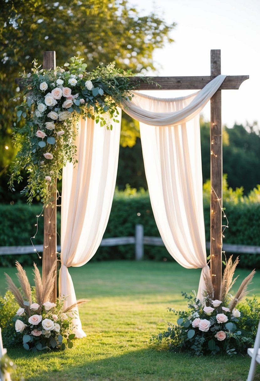 A rustic wooden arch adorned with flowers and draped fabric, surrounded by twinkling fairy lights and greenery