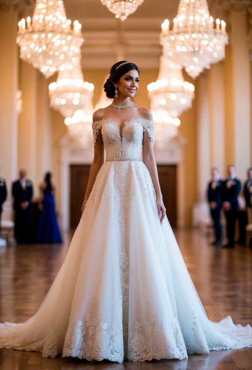 A bride in an off-the-shoulder, floor-length gown, adorned with lace and intricate beadwork, standing in a grand ballroom with chandeliers and ornate decor