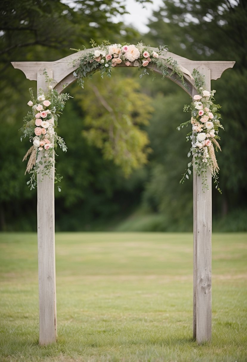 A rustic wooden arch stands adorned with flowers in a serene outdoor setting